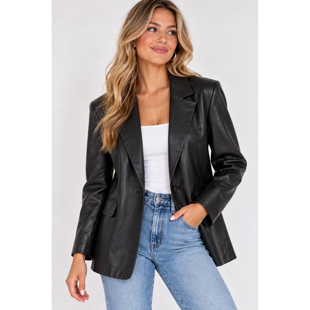 Zara Womens Black Leather Single Button Blazer Jacket Size Medium